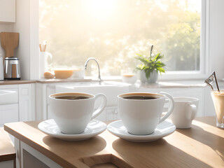 Coffee drinks in white cups on a kitchen counter, sunshine early day