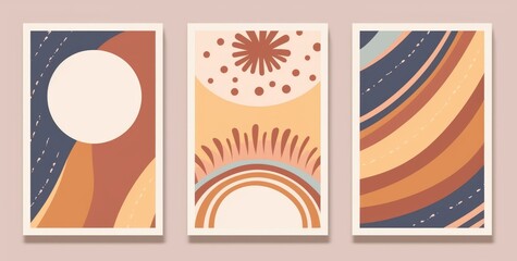 Abstract sun moon rainbow posters. Contemporary backgrounds, boho covers trendy mid century style. Geometric  wall decor, Generative AI