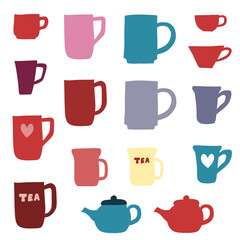 Coffee cups and tea mugs - PNG object set. Transparent PNG illustration.