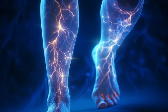 Close-up of leg with varicose veins disease. Glowing image