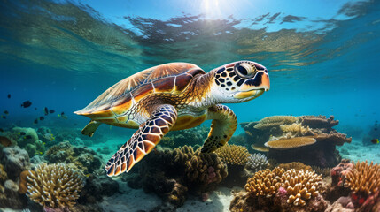 Obraz premium Marine turtle swimming on deep blue ocean. Marine turtle and wildlife concept.