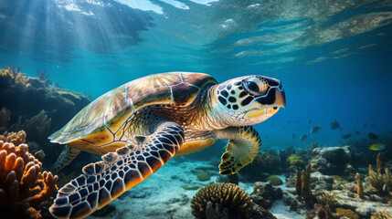 Obraz premium Marine turtle swimming on deep blue ocean. Marine turtle and wildlife concept.