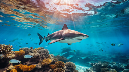 Shark swimming on deep ocean. Wildlife concept.