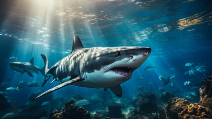 Fototapeta premium Shark swimming on deep ocean. Wildlife concept.