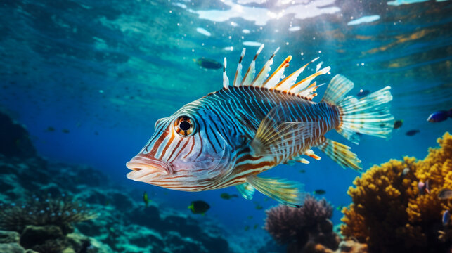 Close up of tigerfish on blue ocean