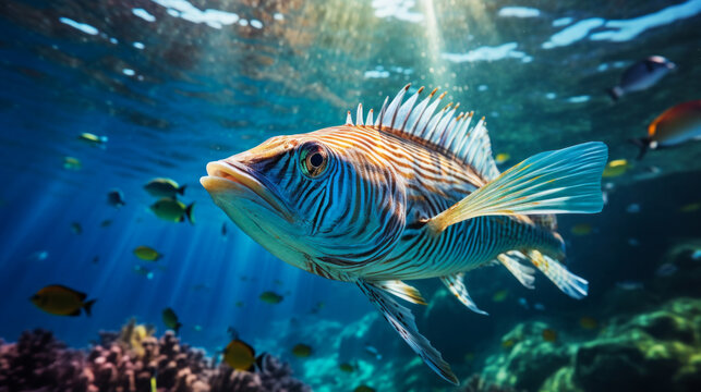 Close up of tigerfish on blue ocean