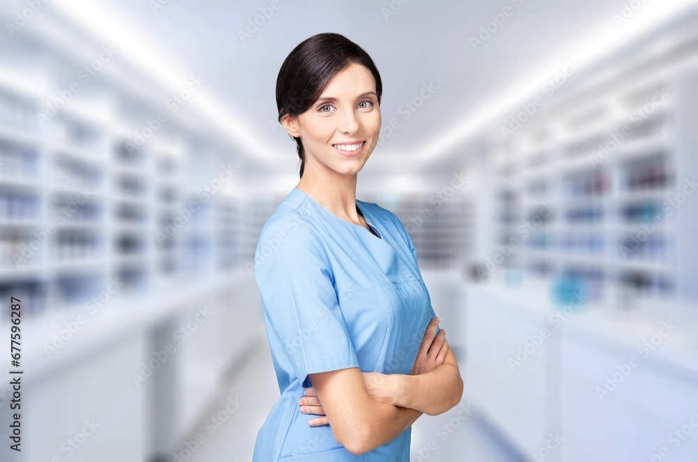 Wall mural Pharmacy portrat of young woman for medicine management