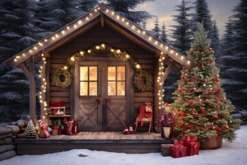 Facade of wooden log cabin with Christmas Light and Christmas Tree in the foreground.