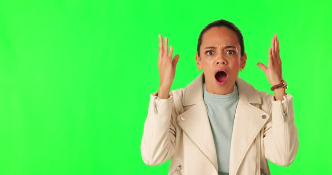 Green screen, woman and face with mind blown hands in studio for omg, news or information on mockup background. Wow, portrait and lady model surprised by gossip, shocking or drama with emoji reaction