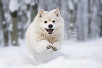 Obraz premium A happy dog running through swirling snowflakes, with its fur dusted in snow