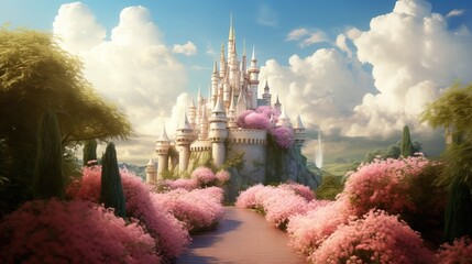A fabulous castle with a path of lush flowers and cotton candy clouds - obrazy, fototapety, plakaty