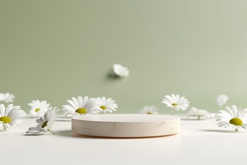 3D background, wood podium display. White daisy flower falling. Cosmetic or beauty product promotion step, pedestal with green grass. Abstract spring backdrop. 3D render copy space, Generative AI