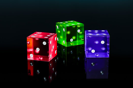Three plastic dice on a gaming table close-up.