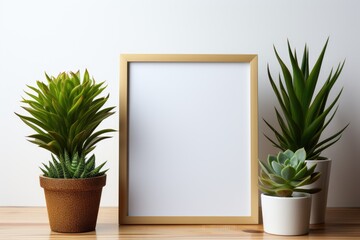 frame with blank poster mockup on wooden table with green succulent in pot