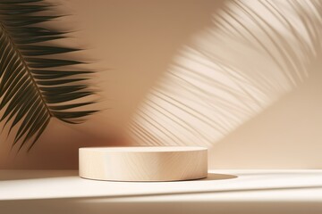 3D background, wood pedestal podium on natural palm leaf shadow pastel beige backdrop. Tropical product promotion Beauty cosmetics wooden display. Nude Studio Minimal showcase 3D render, Generative AI