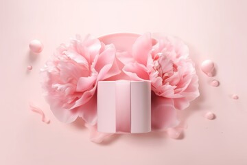 3D background display, open gift box. Cosmetic product presentation. Nature pastel peony flower. Pink cloth on wind. Present for woman. feminine mockup. Valentines day or birthday, Generative AI
