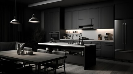 Black monochrome kitchen. Minimalism.