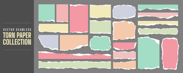 Realistic colorful torn or ripped paper sheets and newspaper clip art collection. Office tear notebook, text message label and grunge paper texture art. Torn paper ornament design for social media.