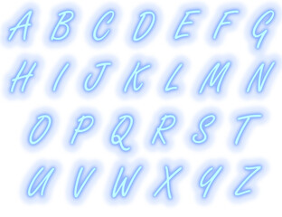 Neon glowing letters from alphabet in blue hue on transparent background © Agnieszka