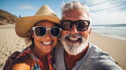 Pareja de 50 años tomándose un selfie en la playa. Disfrutar de la jubilación viajando por todo el mundo. - obrazy, fototapety, plakaty