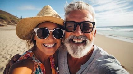 Foto op Plexiglas Pareja de 50 años tomándose un selfie en la playa. Disfrutar de la jubilación viajando por todo el mundo. © Crowded Studio