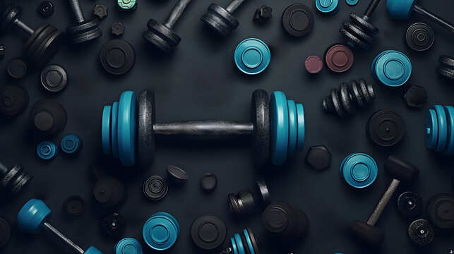 Gym equipment on black background. Professional metal dumbbells, fitness dumbbell, hand grip, weight plates. Sport accessories. Top view.