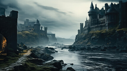A ruined ancient castle in a misty field on the shores of a raging cold sea.