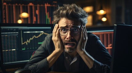 A man sitting at a computer desk extremely confused by the stock market, Depressed and frustrated in front of his screen with a losing stock chart.