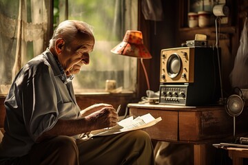 An elderly man listening to music in an old apartment, loneliness - obrazy, fototapety, plakaty
