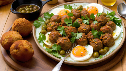 cover and tajine with meat balls eggs and green olives
