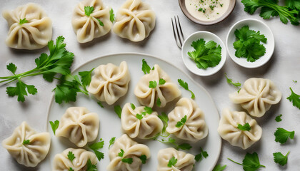 russian pelmeni with fresh parsley on plate, top view