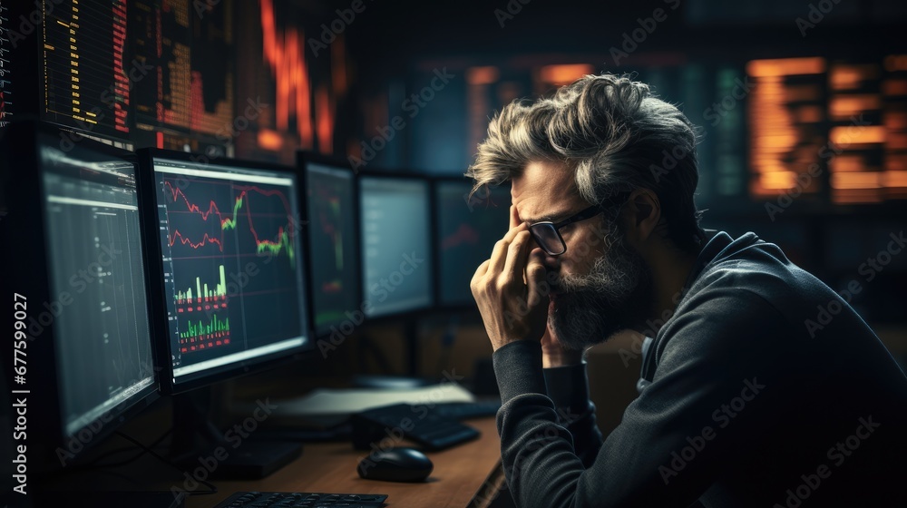 Poster a man trader staring at a computer screen displaying plummeting stock prices, reflecting the financi