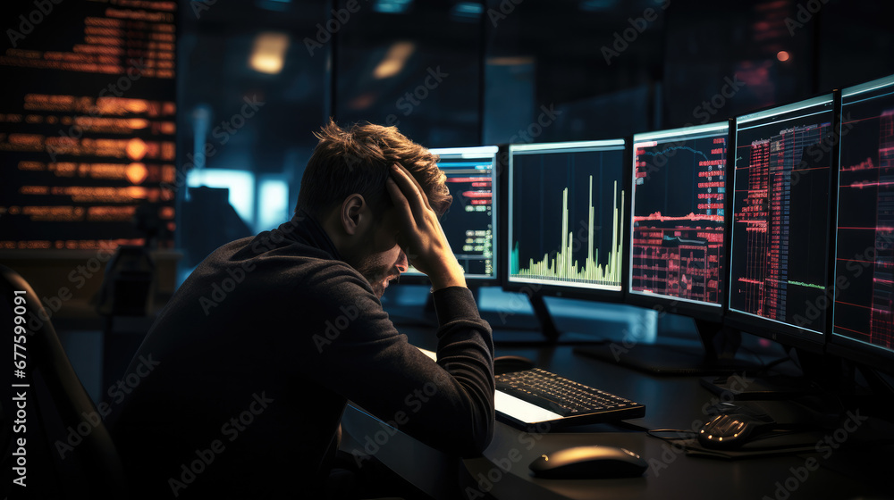Aufkleber a man trader staring at a computer screen displaying plummeting stock prices, reflecting the financi