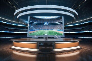 Sports TV set scene with giant screen, Desk, Design.