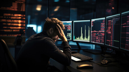 A man trader staring at a computer screen displaying plummeting stock prices, Reflecting the financial distress and potential bankruptcy looming over him. - obrazy, fototapety, plakaty