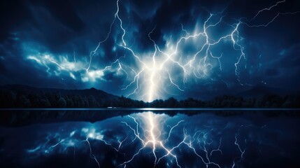 A single bolt of lightning over a still lake isolated on a dark blue background.