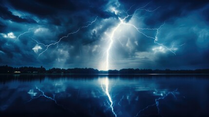 A single bolt of lightning over a still lake isolated on a dark blue background.