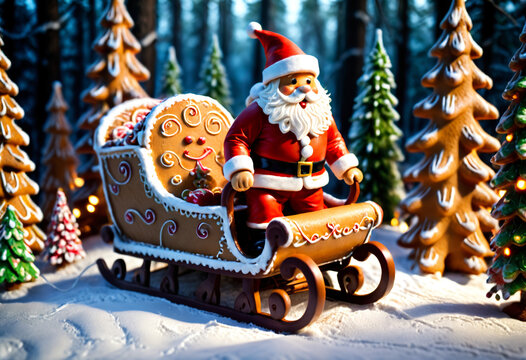 Gingerbread sled Santa Claus in a forest of gingerbread trees. Generative AI