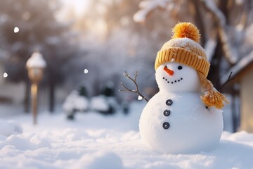 Snowman with carrot nose, hat, yellow scarf, charcoal buttons and sticks standing outside on a winter day. Winter, snow and childhood concept. Small field of view..