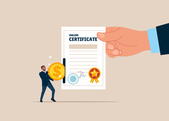 Businessman put coin on ertificate. Bought award paper. best graduate, cum laude. Corruption. Flat vector illustration