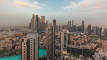 Panorama showing aerial panoramic skyline of a big futuristic city timelapse. Business bay and Downtown