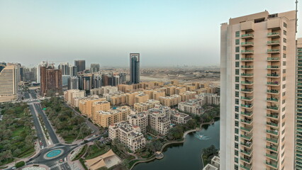 Panorama showing skyscrapers in Barsha Heights district and low rise buildings in Greens district...