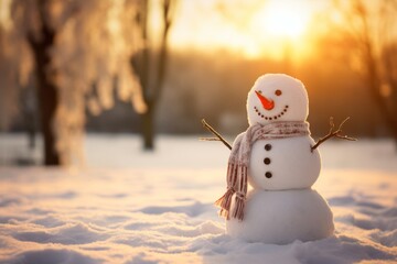 Fototapeta premium A snowman in a scarf on the background of a beautiful snowy forest landscape, copy space