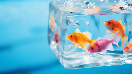 Frozen ice cube with colorful fishes inside