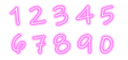 neon glowing numbers from 0 to 9 in pink hue with transparent background