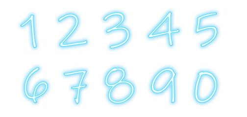 neon glowing numbers from 0 to 9 in blue hue with transparent background
