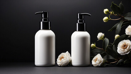 Plain white cosmetic bottle on decoration black background. Mock up