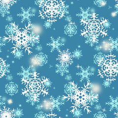 Seamless winter pattern with white snowflakes on a bright blue background.
