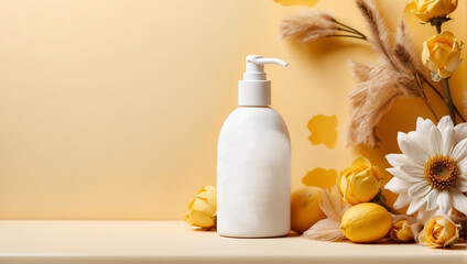 Plain white cosmetic bottle on simple decoration yellow background. Mock up