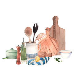 Watercolor composition with kitchen utensils
